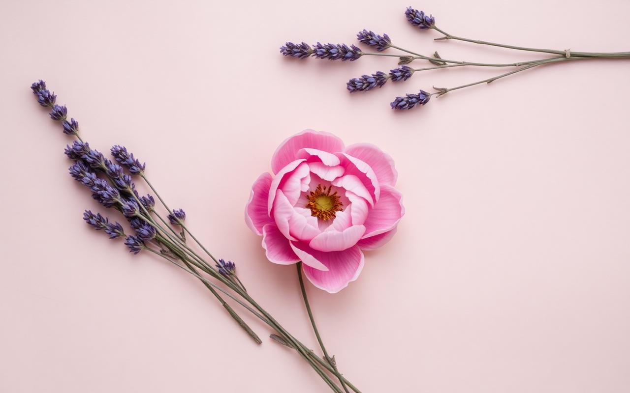 Lavanda e peônia sobre fundo rosa